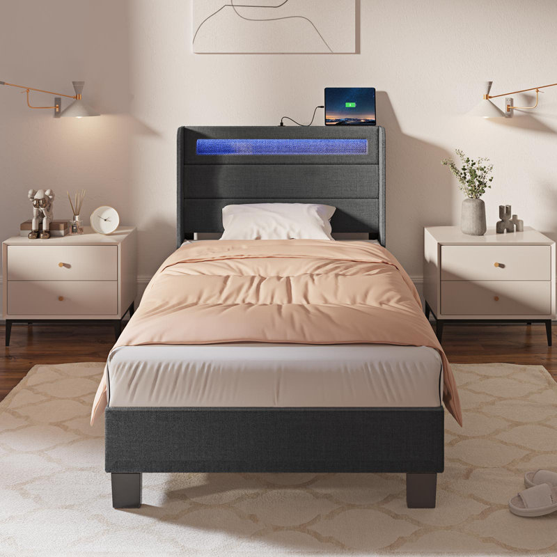 Ivy Bronx Dimtry Upholstered Bed with LED Lights and USB Power Strips